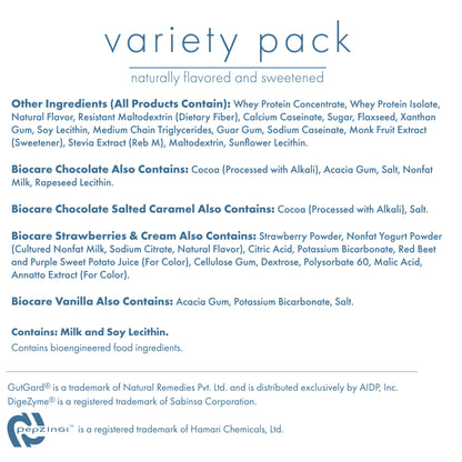 Assorted Biocare 30g protein beverage variety pack with seven different shakes in colorful bottles on a white background.