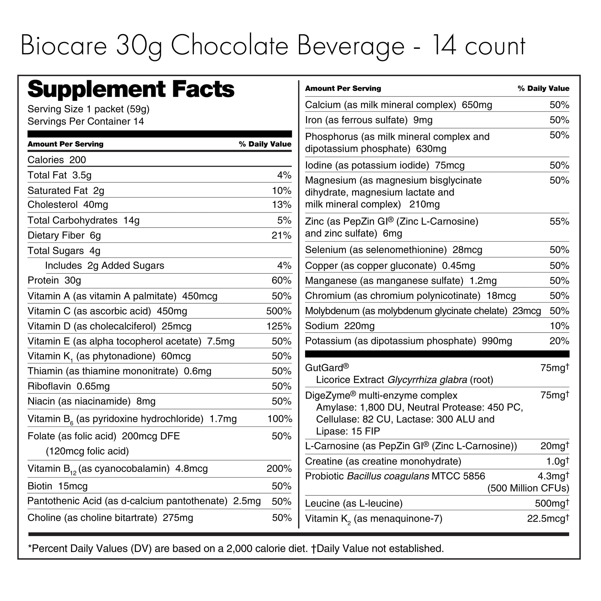 Biocare 30G Protein Chocolate dietary beverage container with 14 servings, showing the product label and packaging.
