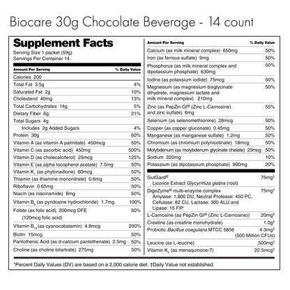 Biocare 30G Protein Chocolate dietary beverage container with 14 servings, showing the product label and packaging.