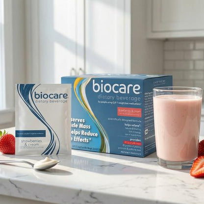 Biocare Strawberry and Cream protein dietary beverage in a 30g serving, with fresh-looking strawberries and cream swirl on the packaging