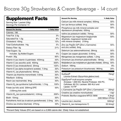 Packet of Biocare 30g Strawberries & Cream Protein Dietary Beverage with 14 servings, featuring a colorful label and product details.