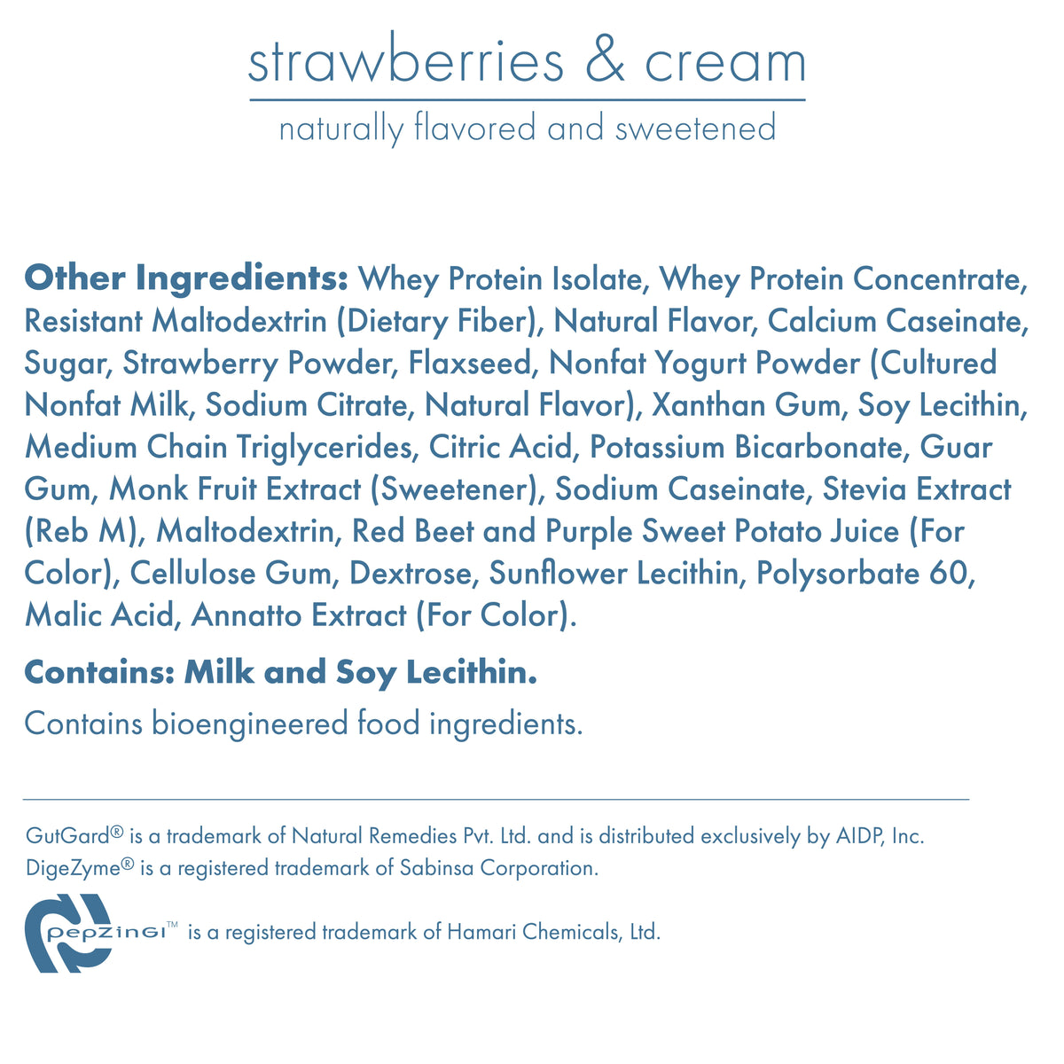 Strawberries and cream flavored Biocare dietary beverage with 30g protein, shown in a glass with strawberries on top