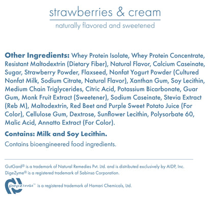 Strawberries and cream flavored Biocare dietary beverage with 30g protein, shown in a glass with strawberries on top