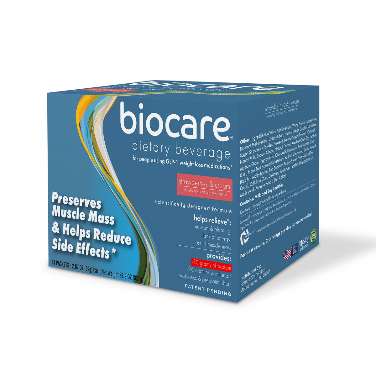Biocare 30g strawberries and cream protein dietary beverage display box with 14 servings, showing colorful packaging and product details.