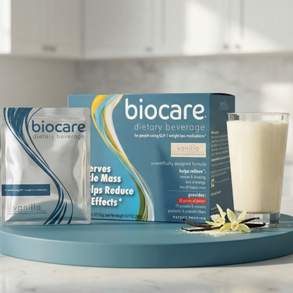 Biocare Vanilla 30g protein dietary beverage powder, 14 servings, creamy vanilla flavor in a resealable container