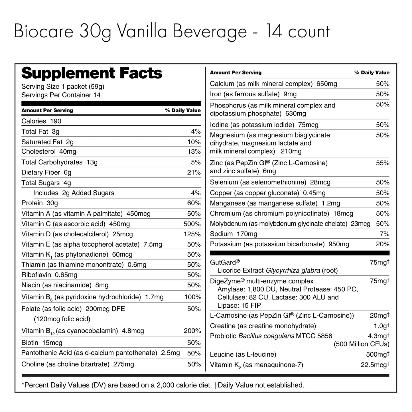 Vanilla Biocare 30G Protein Dietary Beverage powder container with 14 servings, showcasing the product label and packaging.