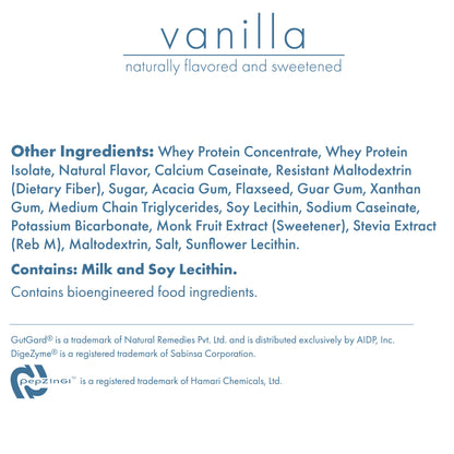 Vanilla Biocare 30g protein dietary beverage in a 14-serving container, showing the powder in a clear glass with a spoon.