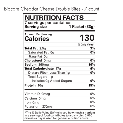 Biocare High Protein Cheddar Cheese Double Bites, crispy snack pieces with melted cheddar flavor on a white background.
