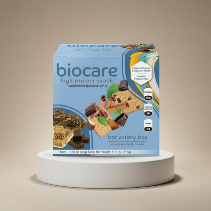 Assorted Biocare 15G Protein Bars Variety Pack with seven different flavors, showcasing individual bars in colorful packaging.