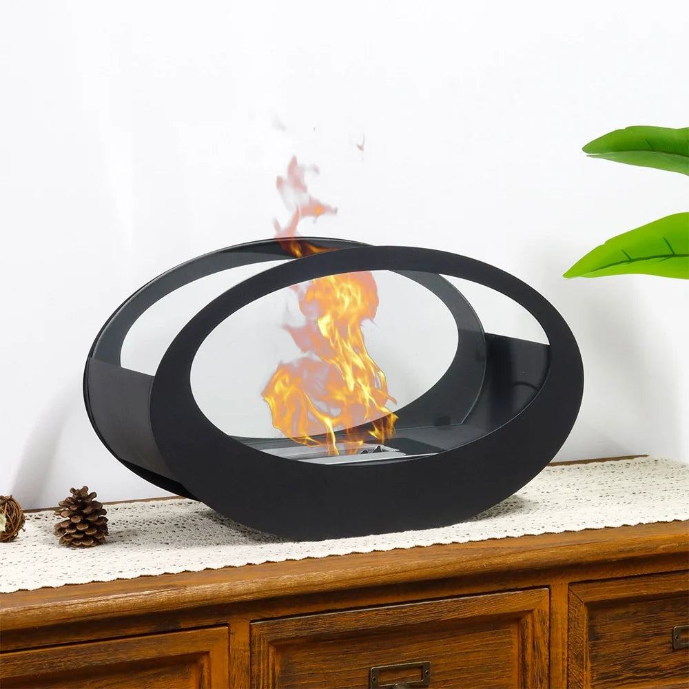Black metal tabletop fireplace by JHY DESIGN, 16x9.5 inches, designed for gel and ethanol fuel, with visible flame and modern style.