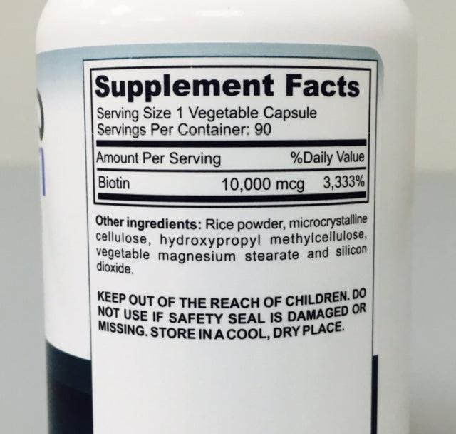 AmBari Biotin 10mg supplement bottle with nutritional facts label in the background, highlighting hair and skin health support.