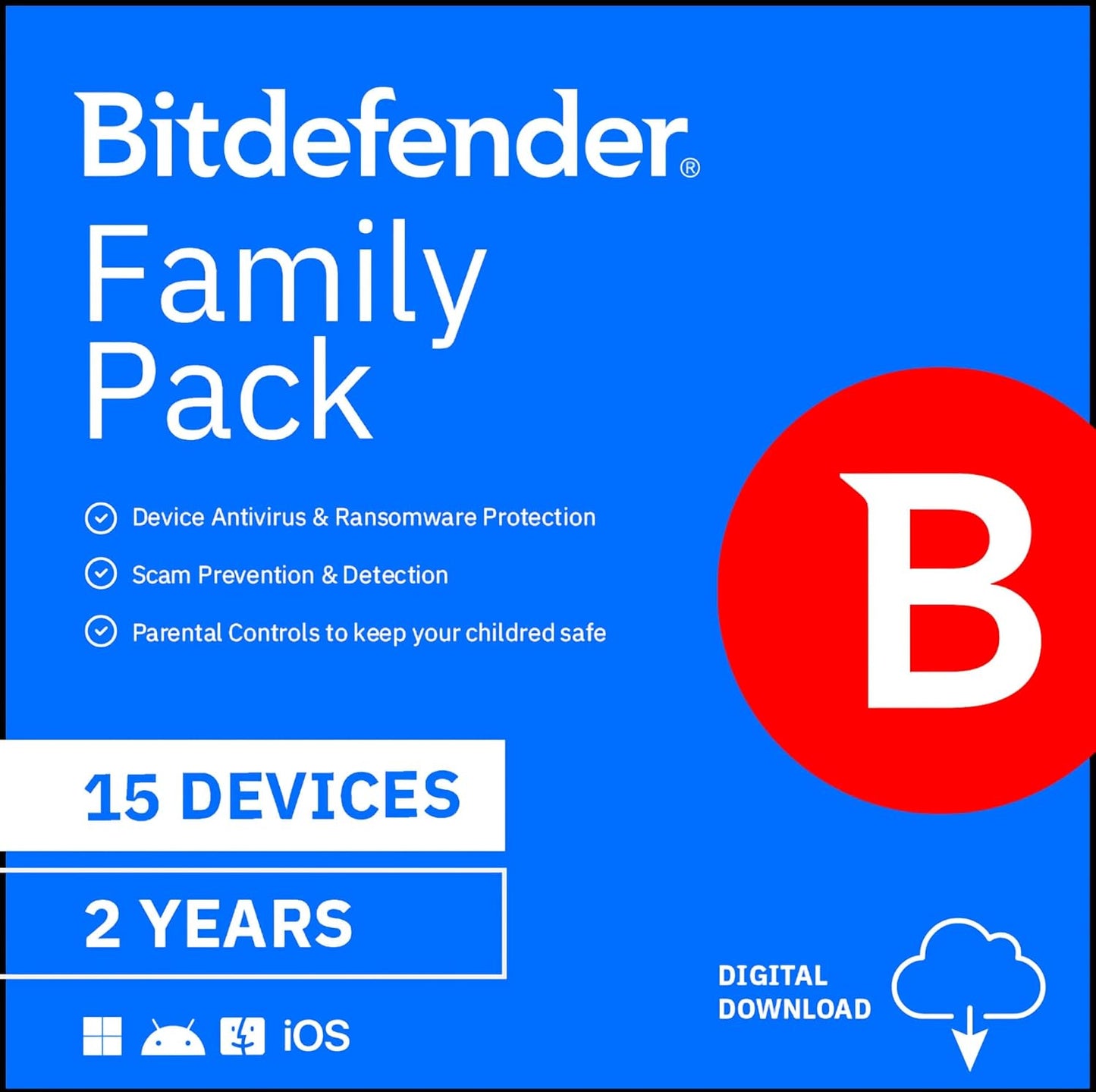 Bitdefender Family Pack backup for 15 devices, 1-year subscription, PC and Mac, activation code emailed, secure data backup and protection.