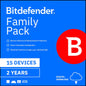 Bitdefender Family Pack backup for 15 devices, 1-year subscription, PC and Mac, activation code emailed, secure data backup and protection.