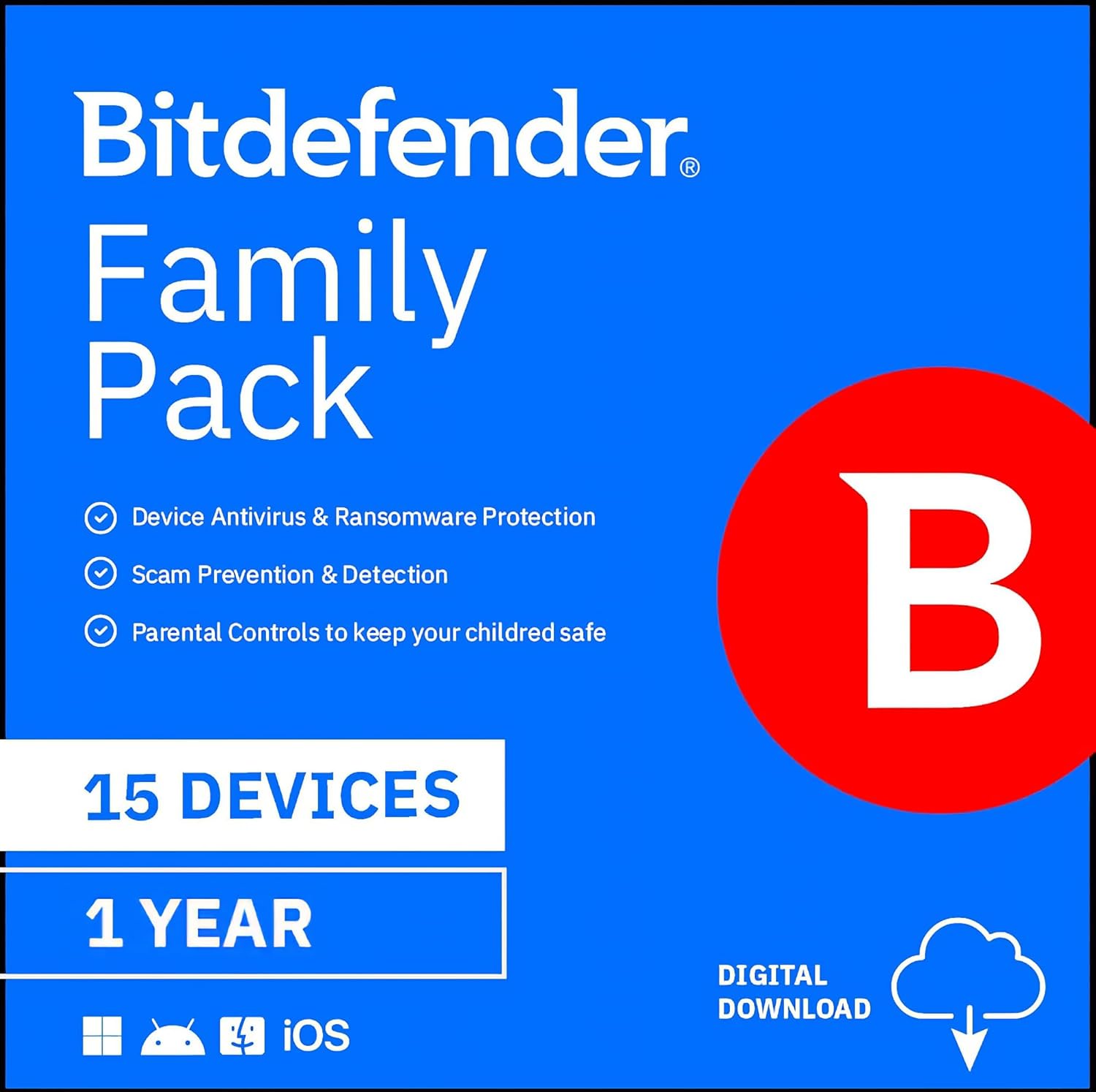 Bitdefender Family Pack backup for 15 devices, 1-year subscription, compatible with PC and Mac, activation code emailed.