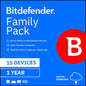 Bitdefender Family Pack backup for 15 devices, 1-year subscription, compatible with PC and Mac, activation code emailed.