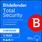 Bitdefender Total Security backup for 5 devices, 1-year subscription, PC and Mac, activation code delivered by email.