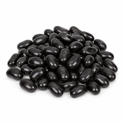 Black jelly beans in a bulk Candy In Bulk bag, berry flavored candy with shiny, smooth surface and colorful packaging.