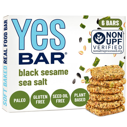 Six-pack of YES BAR® Black Sesame Sea Salt snacks with black sesame seeds and sea salt coating, natural and crispy snack variety.
