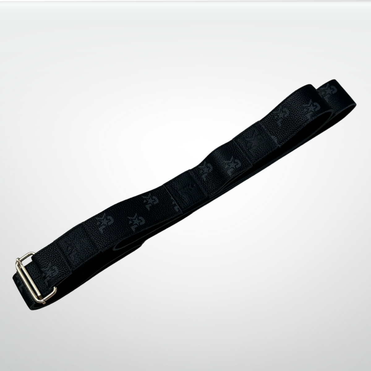 Black leather monogram yoga strap by iReliev, luxury fitness accessory for stretching and flexibility exercises.