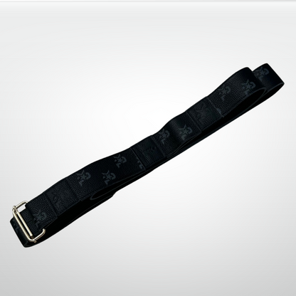 Black leather monogram yoga strap by iReliev, luxury fitness accessory for stretching and flexibility exercises.