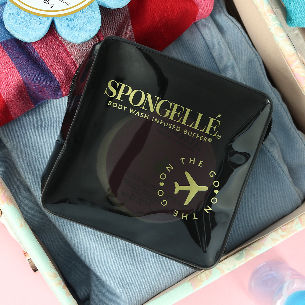 Black Spongellé travel case with compact design, perfect for organizing toiletries on the go.