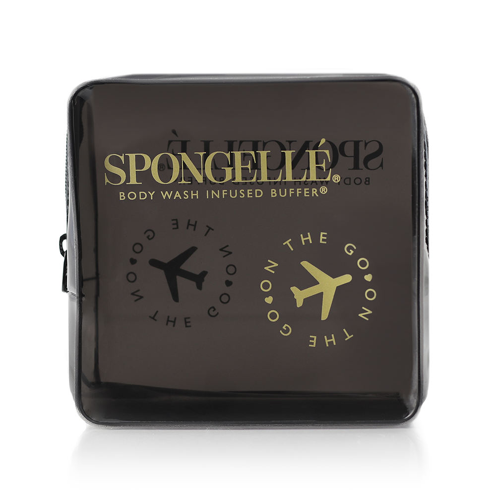 Black Spongellé travel case with zipper closure, compact design, ideal for organizing toiletries and travel essentials.