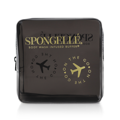 Black Spongellé travel case with zipper closure, compact design, ideal for organizing toiletries and travel essentials.
