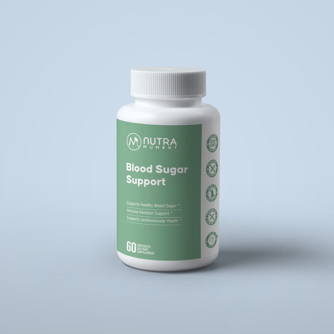 Nutra Moment Blood Sugar Support supplement bottle with label, showing health and beauty product for blood sugar management.
