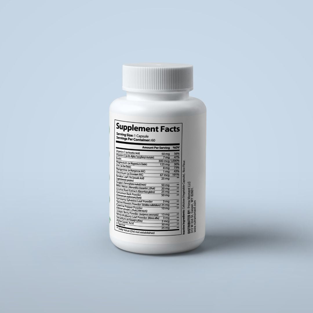 Nutra Moment Blood Sugar Support supplement bottle with label, featuring capsules and health benefits information.