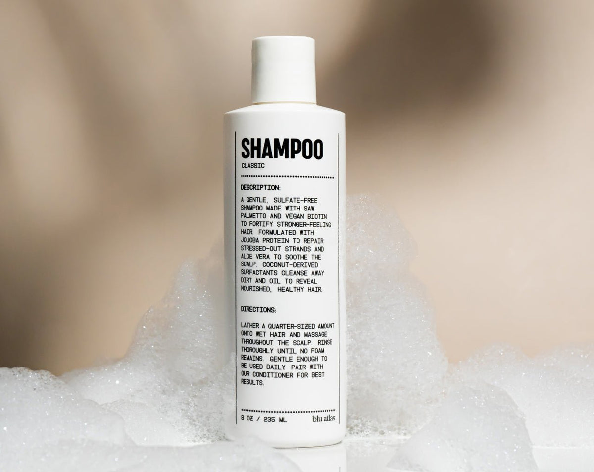 Blu Atlas Natural Shampoo for hair, 8oz bottle, with a clean, minimalist design and natural ingredients visible on the label.