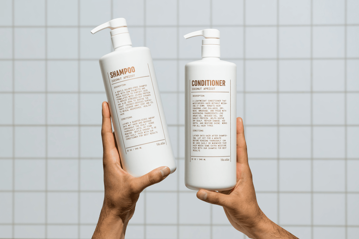 Blu Atlas Natural Shampoo for hair with clean, classic design in 8oz bottle, highlighting natural ingredients and gentle cleansing.