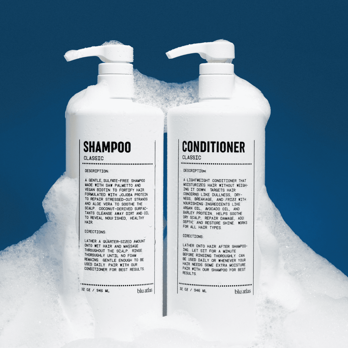 Blue Atlas natural hair shampoo bottle with label, 8oz size, showcasing the brand's classic shampoo for healthy hair.