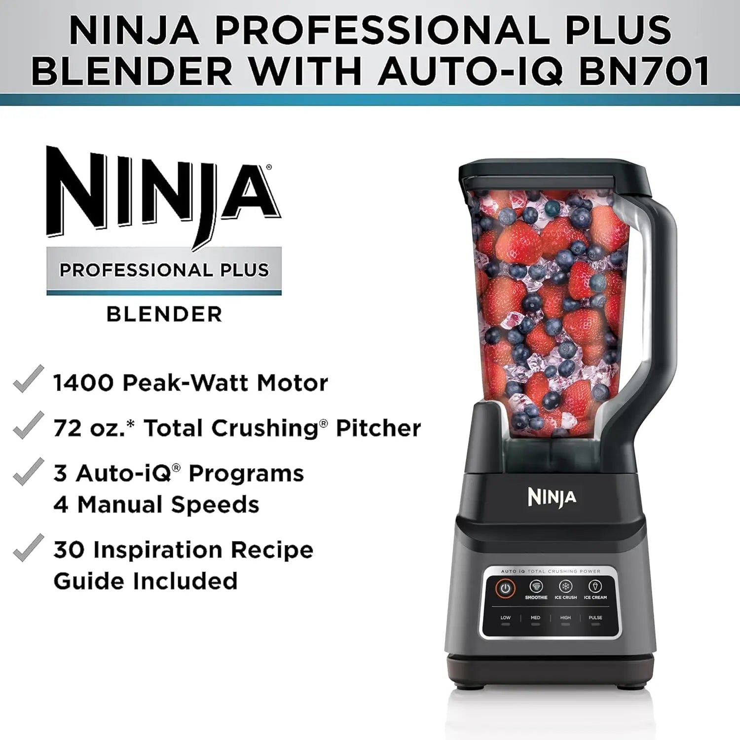 BN701 Professional Plus Blender, 1400 Peak Watts, 3 Functions for Smoothies, Frozen Drinks & Ice Cream with Auto IQ, 72 - oz.* Tot - BACKUPMYFILESNOW