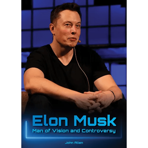 Hardcover book titled "Elon Musk: Man of Vision and Controversy" by splitShops, featuring a cover image of Elon Musk.