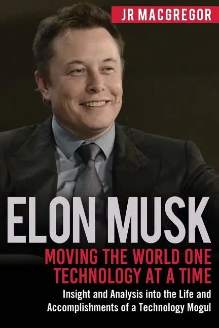 Paperback book titled "Elon Musk: Moving the World One Technology at a Time" by splitShops, featuring the cover with Elon Musk's image.
