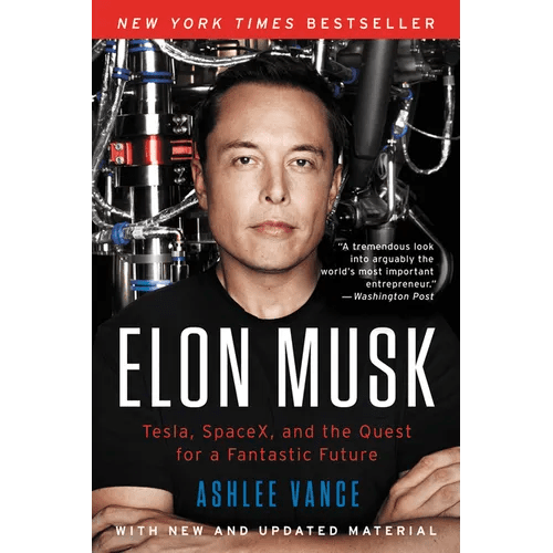 Paperback book titled "Elon Musk: Tesla, SpaceX, and the Quest for a Fantastic Future" by splitShops, featuring the cover design.