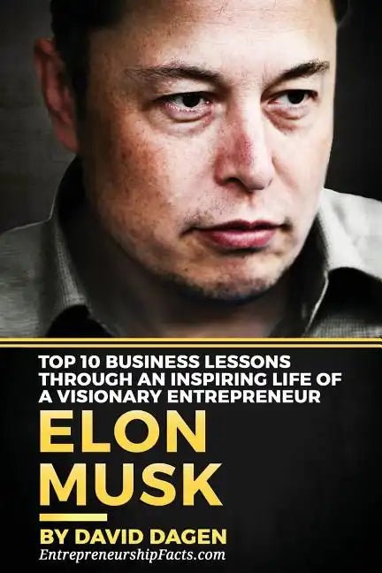 Paperback book titled "Elon Musk: Top 10 Business Lessons" by splitShops, featuring a cover illustration of Elon Musk and inspiring design.