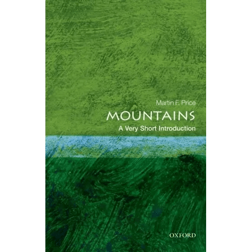 Paperback book titled "Mountains: A Very Short Introduction" by splitShops, featuring a cover with mountain illustrations.