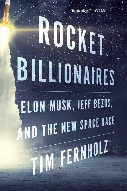 Paperback book titled "Rocket Billionaires" by splitShops, featuring Elon Musk and Jeff Bezos on the cover about the new space race.