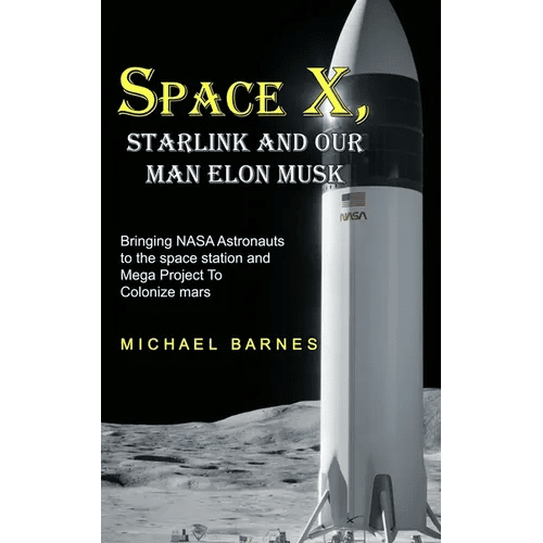 Paperback book about Space X, Elon Musk, NASA astronauts, and Mars colonization, featuring the book cover with space-themed artwork.