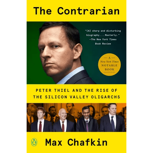 Paperback book titled The Contrarian by splitShops, exploring Peter Thiel and Silicon Valley oligarchs, shown with cover and title.