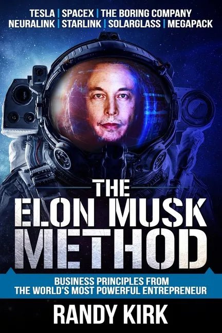 Paperback book titled "The Elon Musk Method" by splitShops, featuring the cover with Elon Musk's name and business principles.