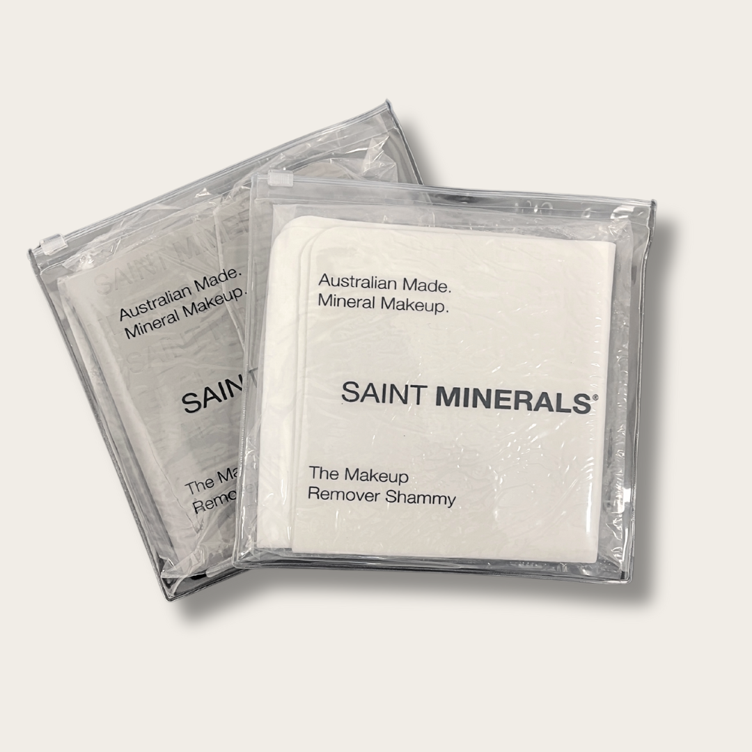 Panoply Beauty Saint Minerals Makeup Remover Shammy in packaging, soft cloth designed for gentle makeup removal.