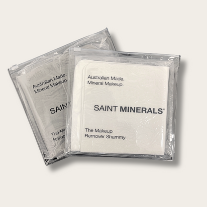 Panoply Beauty Saint Minerals Makeup Remover Shammy in packaging, soft cloth designed for gentle makeup removal.