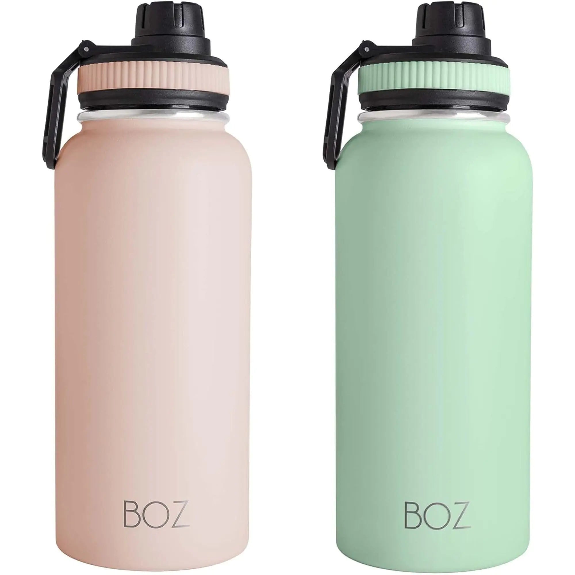 BOZ Stainless Steel Water Bottles 2 Pack Bundle - Pink Water Bottle + Green Water Bottle - Vaccum Insulated Water Bottles 32 Oz - Wide Mouth BPA Free Sport Water Bottles for Gym with Spout Lid - BACKUPMYFILESNOW
