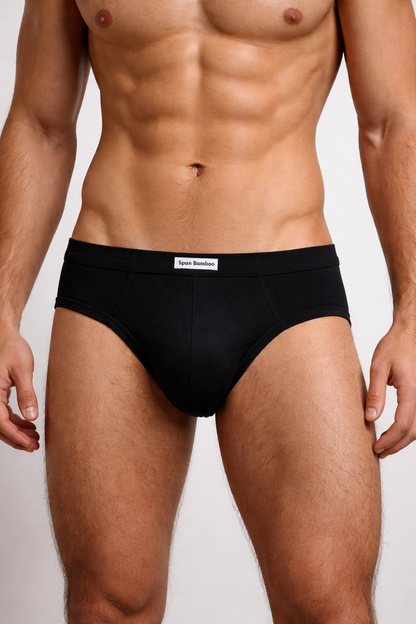 Black men's bamboo viscose briefs by Spun Bamboo featuring a supportive no-fly design and soft, comfortable fit.