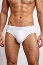 White men's bamboo viscose briefs by Spun Bamboo featuring a no-fly support design and a comfortable, soft fit.
