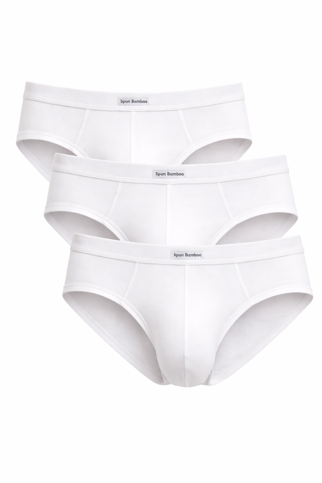 Three white men's bamboo viscose briefs from Spun Bamboo with no-fly support and soft, comfortable fit.