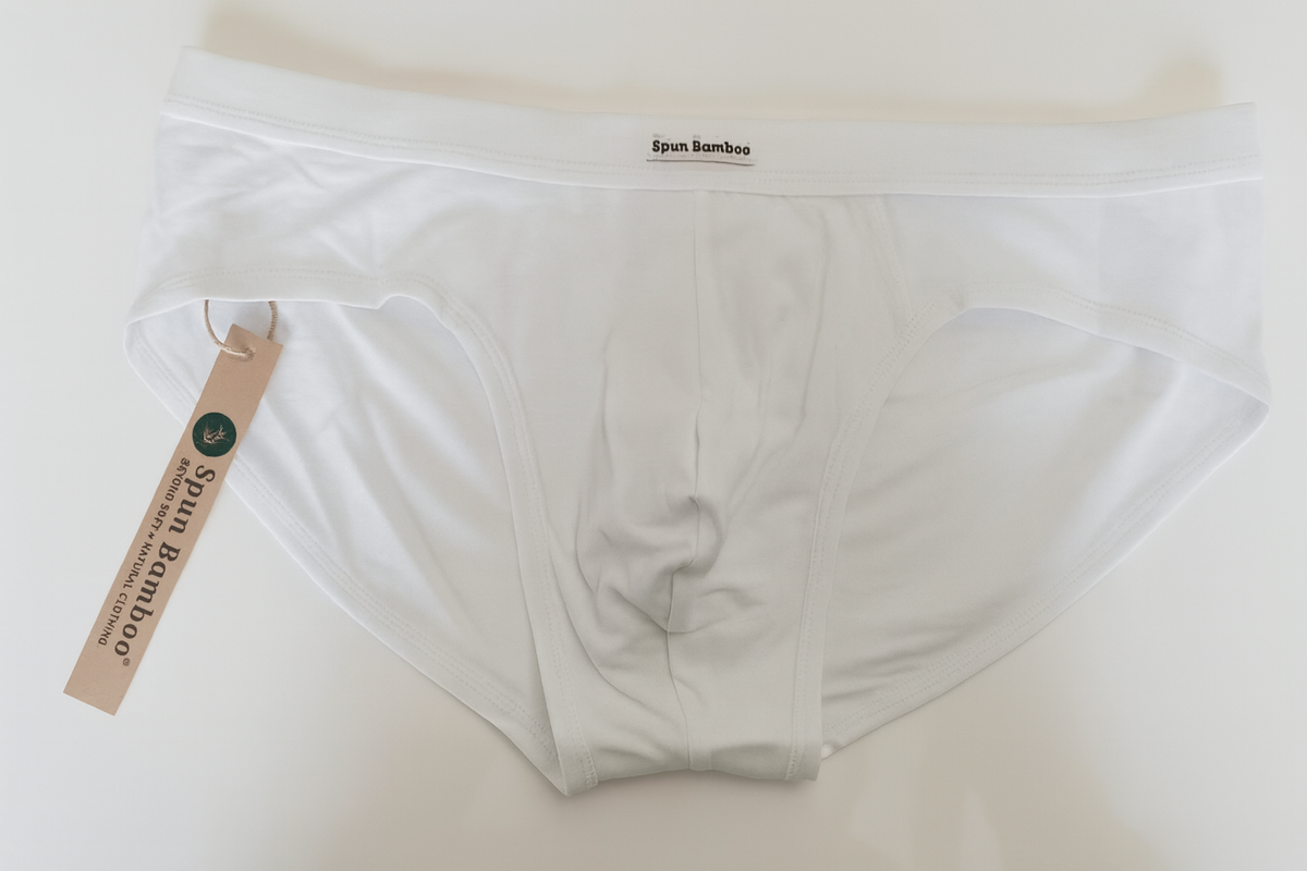 White men's bamboo viscose briefs by Spun Bamboo, soft no-fly support underwear with a comfortable fit.