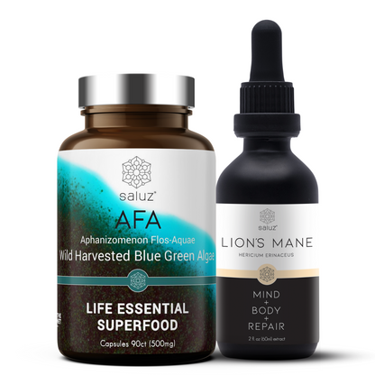 Saluz.io brain health and memory supplements featuring capsules for focus, protection, and cognitive function.